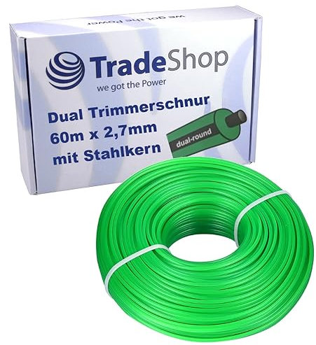 Trade-Shop - Filo di nylon per decespugliatore, doppio rotondo, verde, lunghezza 60 m, spessore filo 2,7 mm, con anima in acciaio all'interno/accessorio per tagliaerba