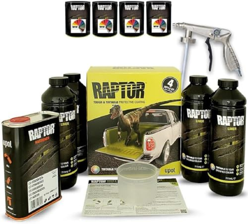 Raptor Lack Beschichtung 4er Set inkl. UBS Pistole + 4x 0,1 L Raptor Farbkonzentrat. Alle RAL Farben/Upol (RAL 1016 Schwefelgelb)