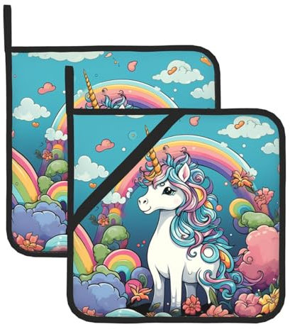 Topflappen mit Einhorn-Druck, hitzebeständig, mit Tasche, wasserdicht, Topflappen zum Kochen, Backen, Ofen, Grillen, Einweihungsgeschenk, 2 Stück