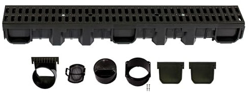 ScarMaxx - A15 Entwässerungsrinne Set - Bodenrinne - Regenwasser-Ablauf - Abfluss mit Gitter - Drainagekanal - Flach - Kunststoff - Bauhöhe 115 mm - mit Stegrost Classic Schwarz - 1m