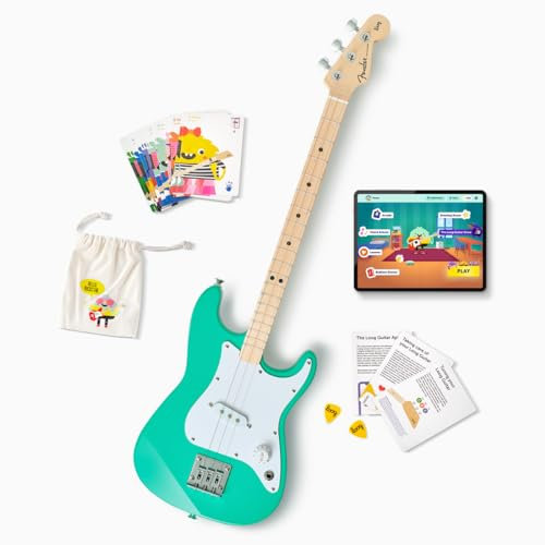 Fender x Loog 3-saitige Stratocaster-E-Kinder-Gitarre, 3-saitig, Anfänger-Set (Seafoam Green)