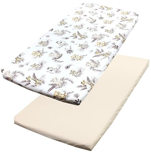 TupTam Baby Spannbettlaken Kinder Spannbetttuch für Babybett Kinderbett 2er Pack, Farbe: Löwe/Blätter/Beige, Größe: 90 x 200 cm