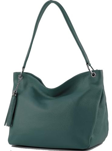 modamoda de - T154 - ital Schultertasche Umhängetasche aus Leder, Farbe:Petrol