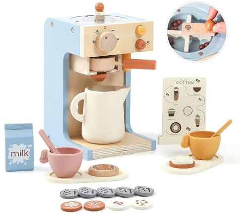 Mamimami Home Kaffeemaschine Kinder Holz Mit Mühle,Spielküche Zubehör Kaffeeservice Spielset,Spielküche Zubehör,22-Teilig, Mit Menü, Pädagogisches Holzspielzeug Rollenspiel,Geschenk für Kleinkind