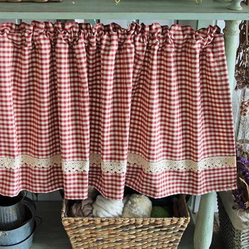 Rideau de cuisine en coton rouge et blanc à carreaux pour petite fenêtre, café, bistrot (carreaux rouges, 200 cm (largeur) x 80 cm (hauteur)