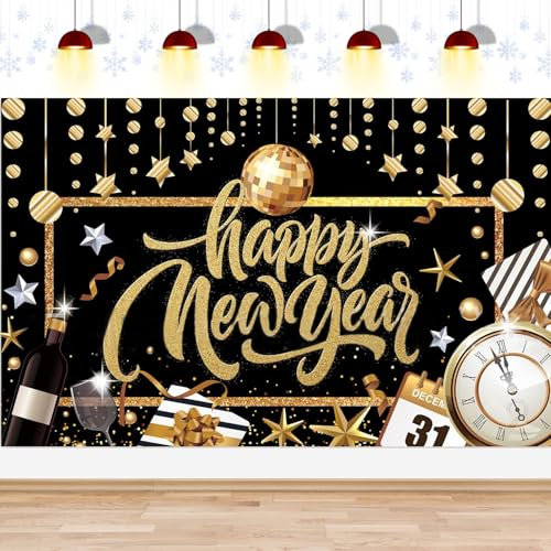 Shinybox Silvester Deko 2025 Dekoration, Neujahr Party Dekorationen Banner, Schwarz Gold Neujahr Banner, Happy New Year Banner, Frohes Neues Jahr Hintergrund für Silvesterpartydekoration(B)