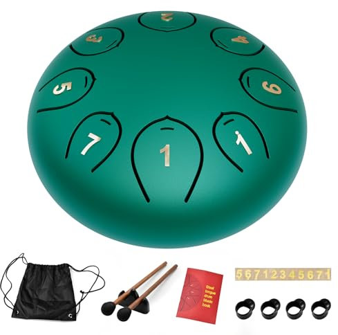 Steel Tongue Drum 6 Inch 8 Notes, Rain Drums for Outside C major, Hang Instrument, Handpan for Kids, Ethereal Hand Pan for Meditation Yoga Musical Education, Green