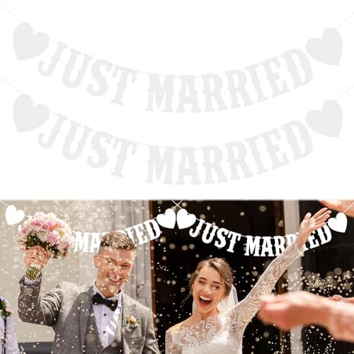 Just Married Banner, 2 Pcs Just Married Bunting, Just Married Decorations, Wedding Banner Wedding Decorations for Wedding Party Bridal Shower Wedding Engagement (White)
