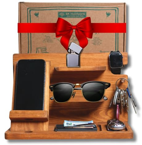 PEGSEN Nachttisch Organizer aus Holz in Eiche mit Handyhalterung - Aufbewahrung für Geldbörse, Uhr & Co - Handy Ladestation - Taschenleerer