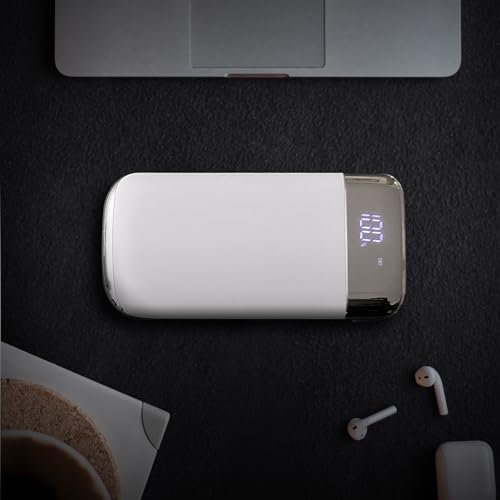 Batterie Externe 10000mAh Affichage LED et Lampe, Batterie Externe Slim, Batterie Externe Charge Rapide, Chargeur Externe, Power Bank, pour Samsung, iPad etc (Blanc et Argent)