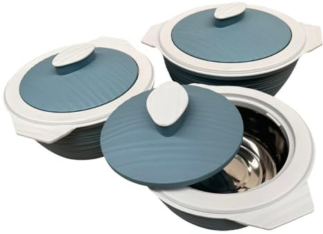 M1SS Set of 3 Insulated Casserole Hot Pot Serving Dish with Lid - 3pc Ambient Food Containers Set Leak-Proof Double Wall Stainless Steel, Hot & Cold Food Storage (1000ml, 1500ml, 2000ml) – Blue