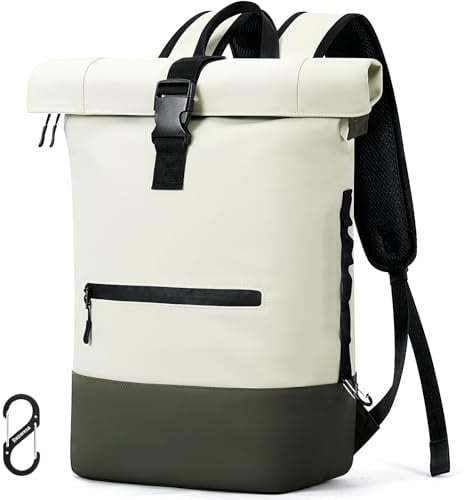 Reiseresa Rolltop Rucksack Damen Herren Wasserdicht Große Laptop Rucksack Reiserucksack mit Multifunktionale Kletterschnalle für Reisen, Arbeit, Uni Schule (Beige mit Grün)