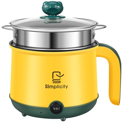 Electric Hot Pot Cooker Multifunctional Portable Non Stick Mini Cooker with Steam Rack 2 Gear Rapid Heating Boil Simmer Dry Protection for Ramen Noodles Soup Home Travel Gifts(Yellow Double Layer)