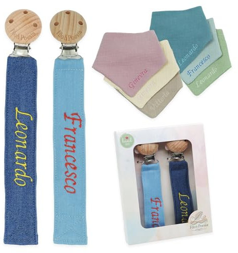 Filo e Poesia Catenella Portaciuccio Con Nome, Personalizzato con nome ricamato, tanti modelli e colori Portaciuccio da poter scegliere, ottima idea regalo per Baby Shower (Blu-Azzurro + Bavaglino)