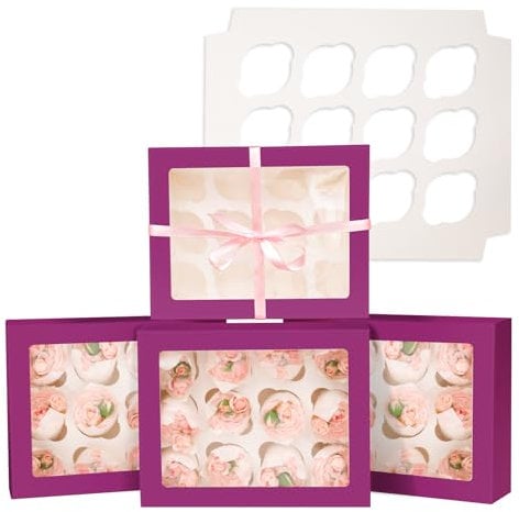 Gcardist Automatischer Popup 12 Cupcake-Boxen mit Fenster Tiefes Lila 6 Stück 33x25,4x9cm Bäckerei-Boxen für Cupcake-Träger, Cupcake-Behälter(13×10×3,5 inch)