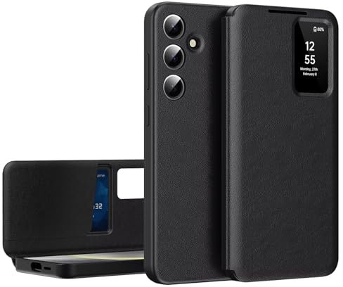 YANJIEER ESONG Handyhülle für Samsung Galaxy S25 Tasche,Leder Flip Folio Schutzhülle Cover, Smartphone Clear View Case,Sichtfenster,Intelligenten Stoßfest Klapphülle mit Kartenfac Schwarz