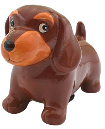 Spardose Hund, Hundespardose, Kindersparbüchse Dackel, Sparschwein Dackel, Sparfigur, Kinderspardose, Spartier, Spardackel, Dekodackel mit Sparfunktion aus Keramik in braun, L/B/H 9 x 18 x 13 cm.