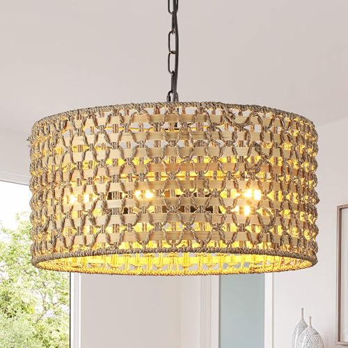 Schindora 5-Licht Boho Rattan Lampenschirm, 45Cm Hand Gewebte Pendelleuchte KüSte KüChe HäNgelampe NatüRliche Deckenlampe FüR Esszimmer Wohnzimmer Schlafzimmer
