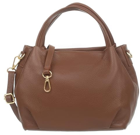 Vera Pelle Bolsa Sac à main en cuir pour femme Marron – Cuir véritable italien – Finitions dorées – Fermeture à glissière – Bandoulière amovible – Sac à bandoulière de ville élégant