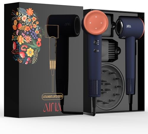 AINA Asciugacapelli, Professionale Ionico Negativo, Asciugacapelli Con Ad Alta Velocità di 160000 RPM, Motore Senza Spazzole per un'Asciugatura Rapida Con Ugello (3A Blu)