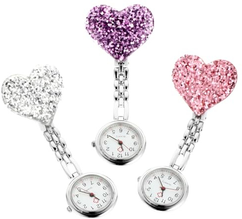 Healeved Lot De 3 Montres Infirmière À Accrocher Montre De Poche Quartz en Forme De Cœur Accessoire pour Blouse Cadeau pour Infirmière Et Aide-Soignante