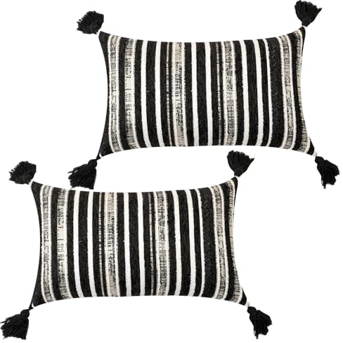 Ausing 2 Stück Schwarze Kissenbezüge 30×50 cm Gestreifte Jacquard-Kissenhülle mit Quasten Ästhetische Dekoration
