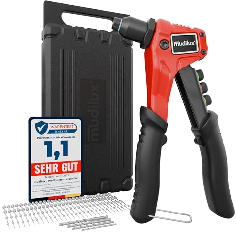 mudilux® Profi-Nietenzangen Set – Popnietenzange mit 120 Nieten & 4 HSS Bohrern – Robuste Nietenzange aus Stahl mit ergonomischem Griff – Blindnietzangenset für Metall, Kunststoff & Werkstatt