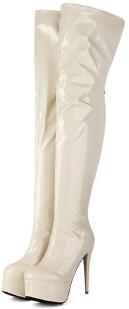 KUHAOFEU Stivali Alti sopra Il Ginocchio da Donna in Pelle Verniciata con Plateau E Tacchi A Spillo per Feste, Balli E Abiti,Beige,39 EU