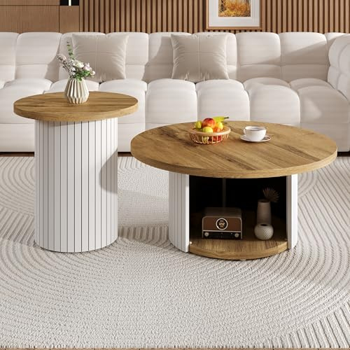 ModernLuxe Runder Couchtisch Set, 2-teiliges Wohnzimmertisch Set aus Naturholz, Doppelter runder Tisch mit Beistelltisch,Skandinavischer Beistelltisch für Wohnzimmer,Holzfarbe + Weiß