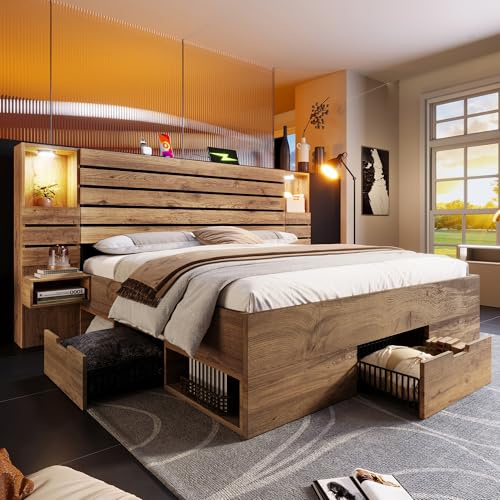 Cama con almacenamiento de madera de 180 x 200 cm, lámpara LED e interfaz USB, cama de matrimonio con cajones en la parte inferior, con mesita de noche flotante, color roble (colchón no incluido)