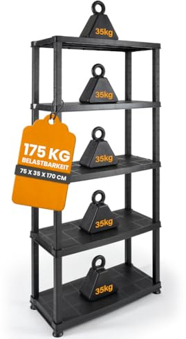 Kreher® Kunststoffregal „Evo“ mit 5 Böden - Steckregal für Haushalt, Keller & Garage - Standregal, Lagerregal & Aufbewahrungsregal - Schwarz oder Grau - Set auswählbar (Schwarz, 1)