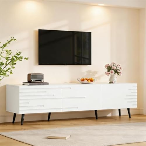 phosir Mueble bajo para televisión (180 x 40 x 48 cm, tablero DM con 3 puertas abatibles y efecto 3D, para televisor de 80 pulgadas, 6 patas estables), color blanco