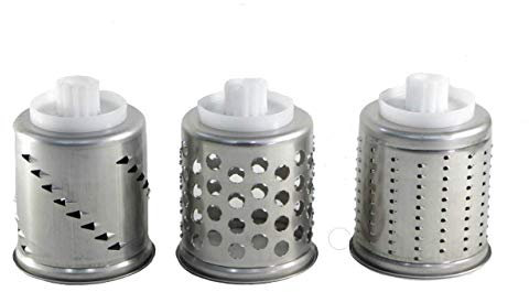 FAMILY Getreidemühle rund Trommelhobel und Reibe aus Edelstahl - extra feine Scheibe (Nussmühle und Hartkäsereibe), Spezialtrommel (Gemüsehobel) und extra grobe Trommel (Potatenreibe)