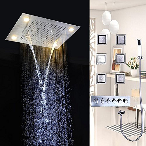 GOWE Kit de douche multifonction en acier inoxydable avec robinet de salle de bain 600 x 800 mm et pommeau de douche à effet pluie LED encastré au plafond