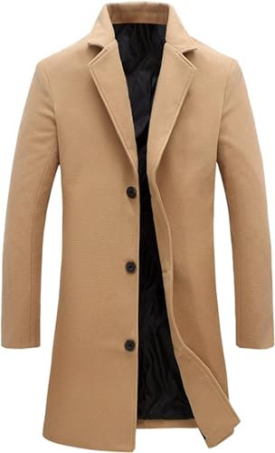 Springrain Men's Notched Lapel Single Breasted Long Pea Coat Trench Coat, Khaki, L