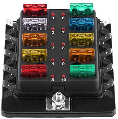EVGATSAUTO 10-vägs kretsblad säkringsbox blockhållare med LED-varningslampa kit vattenpoof skydd för bil skåpbil båt marin 5A/10A/15A/20A/25A/30A standardsäkringar