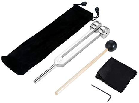 DRELD 128HZ Standard Stimmgabel mit Silikonhammer Tasche Reparaturwerkzeug Reinigungstuch Aluminiumlegierung Chakra Stimmgabel für DNA Reparatur Heilung Klangtherapie Musikinstrument (Silber)