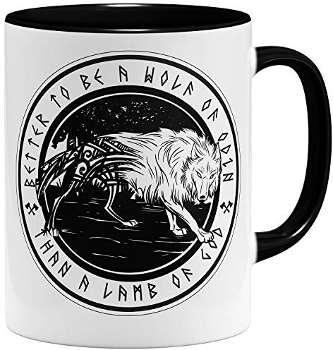 OM3® Vikings Wolf of Odin Kaffee-Tasse Wikinger | Keramik Becher | 11oz 325ml | Beidseitig Bedruckt | Schwarz
