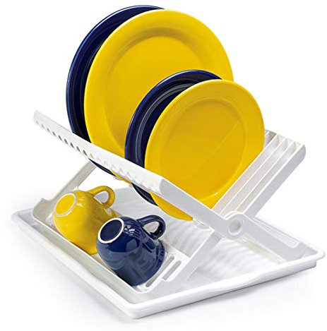 Escurreplatos con Bandeja Bloqueable en Blanca 37 x 33 x 21 cm, Escurridor Platos Plegables con Bandeja bloqueable en plástico Resistente