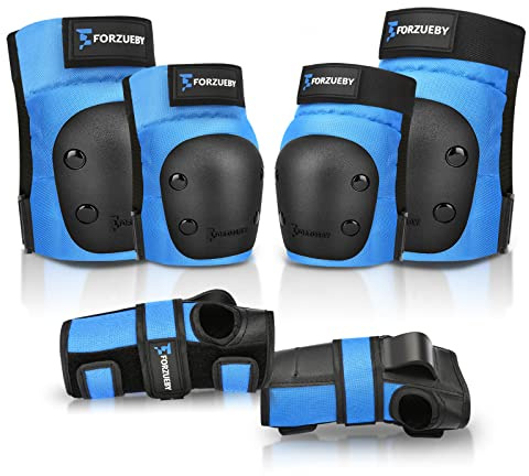 Forzueby Protège-Genoux pour Adultes/Enfants Protège-Coudes Protège-Poignets 6 en 1 pour Patins à roulettes, Skateboard, Scooter, BMX, etc. (XS, Bleu)