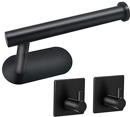 ROUMIO Portarrollos Papel higiénico Autoadhesivo, Porta Rollos de Papel higiénico y 2 Piezas de Ganchos Adhesivos, Muy Adecuado para Cocina, baño e Inodoro, Acero Inoxidable. (Negro)