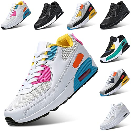 PADGENE Femme Homme Baskets Mode Chaussures Sport Course Sneakers Fitness Gym athlétique Multisports Outdoor Casual, Blanc+Bleu, 41 EU