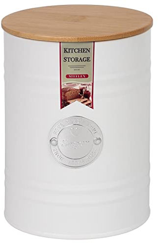STEELEX Sugar Canister with Wooden Lid Airtight Storage Jar Kitchen Metal Containers Tin for Sugar Food Storage, Matte Finish (SUGAR - White)