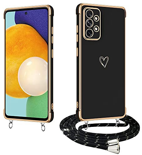 E-Lush Handyhülle für Samsung Galaxy A52s 5G/ A52 5G 4G Hülle mit Band, Herz Love Galvanik Silikon Handy Hülle für Samsung A52s 5G Schutzhülle mit Kordel zum Umhängen Kameraschutz Case, Schwarz