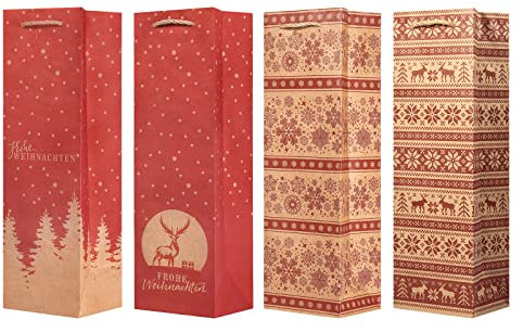 KOHMUI Geschenktüten Weihnachten, 12 Stück Weihnachtstüten mit Tragegriff, Weingeschenke Tüten aus Braun Kraftpapier, Rot Weihnachtstaschen zum Verpacken von Geschenken