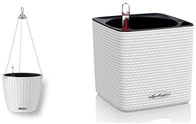 Lechuza 15190 Nido Cottage Blumenampel, Hochwertiger Kunststoff, 27x27x23 cm & Cube Color 14 13380 Kräutertopf, Hochwertiger Kunststoff, Inkl. Stick-Bewässerungssystem, weiß
