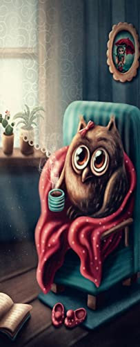 A.Monamour Türtapete Selbstklebend Türfolie Türposter 3D Karikatur Kleine Eule Die Auf Dem Stuhl Sitzt Und Kaffee Trinkt Vinyl Folie Türdeko Tapete Wandbild Türaufkleber Türtattoo 90x200cm