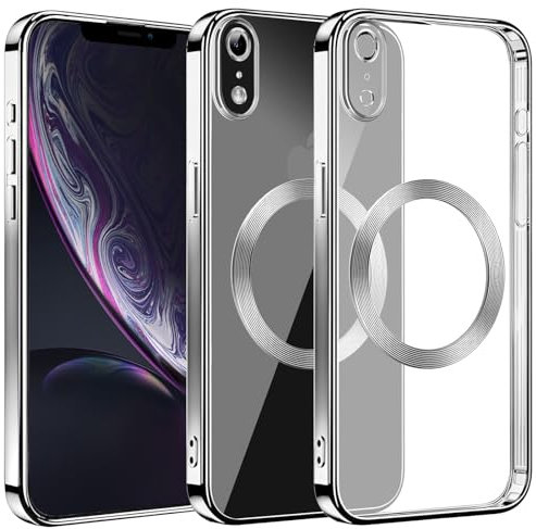 S. Dawezo Klare Magnetische Hülle für iPhone XR, kompatibel mit MagSafe Kabelloses Laden, Militärnorm Schutz, Kratzfest, Stoßfest, Schlanke Transparente Silikonhülle für iPhone XR Hülle, Silber