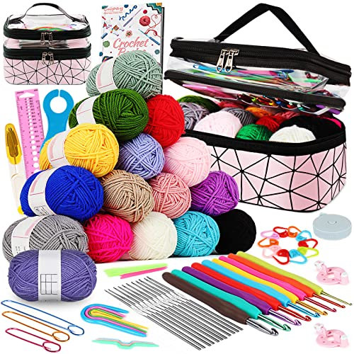 Coopay Häkelset für Anfänger, Erwachsene, Kinder, 16 Farben, Garn, Amigurumi-Set mit Anleitung (evtl. nicht in deutscher Sprache), tragbares Häkel-Starter-Set, komplettes Stricken, Häkelzubehör