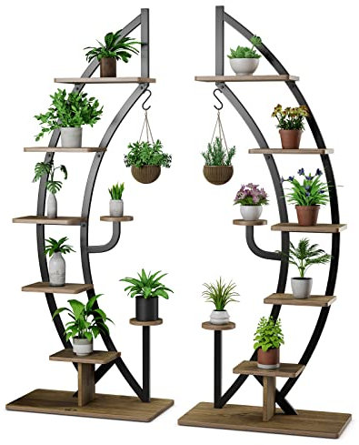 GOPLUS Support Plantes Interieur en Métal à 6 Niveaux, 2 Porte Plante Interieur Incurvé et 14 Étagère pour Jardinière en Forme de Demi-lune avec Crochet, Présentoir Bonsaï pour Salon, Balcon (Marron)
